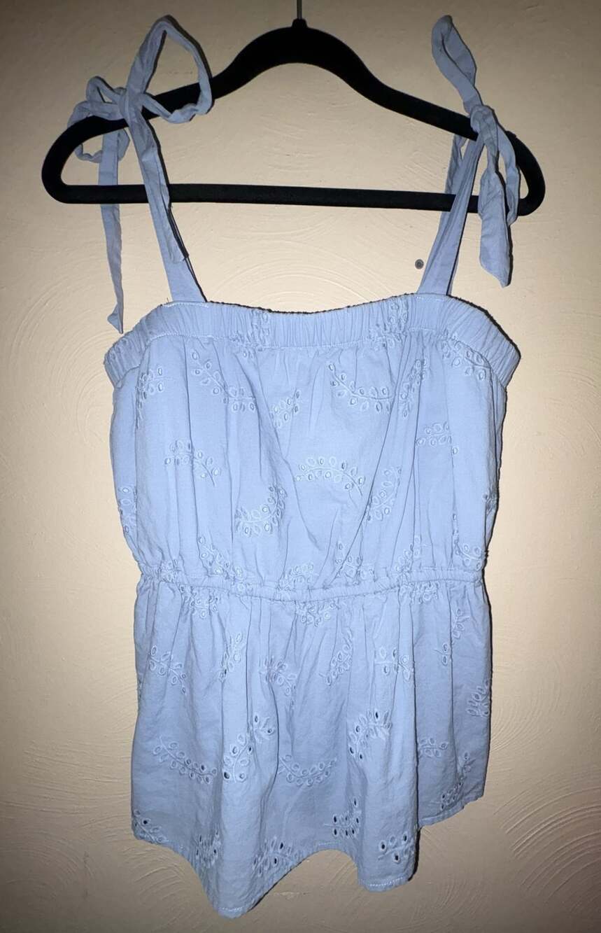 Maurices Light Blue Eyelet Embroidered Tie Strap Peplum Cami Top